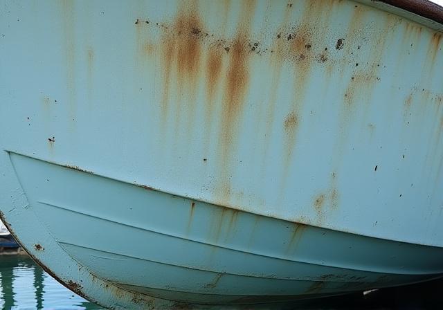 Dull, faded, and oxidized boat hull. 640x448