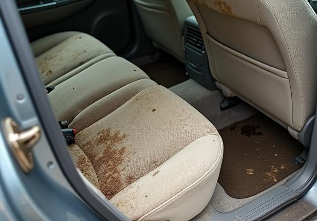 Stained and dirty car seats and carpets. 640x448